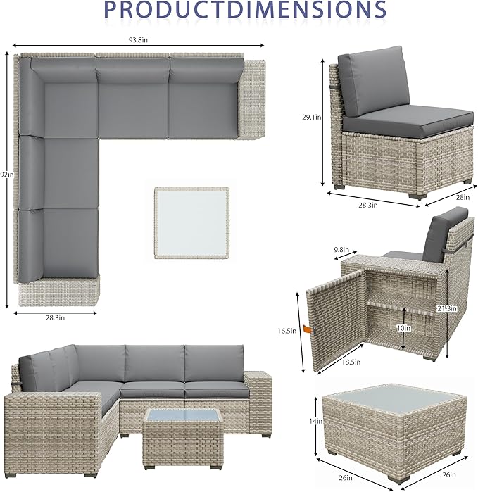 Broivira 6 Piece Patio Furniture Set, 9.8" Wide Arm Sectional Sofa with Storage Armrests, All-Weather Rattan Outdoor Conversation Set for Garden, Porch, Lawn, Backyard, Balcony, Grey