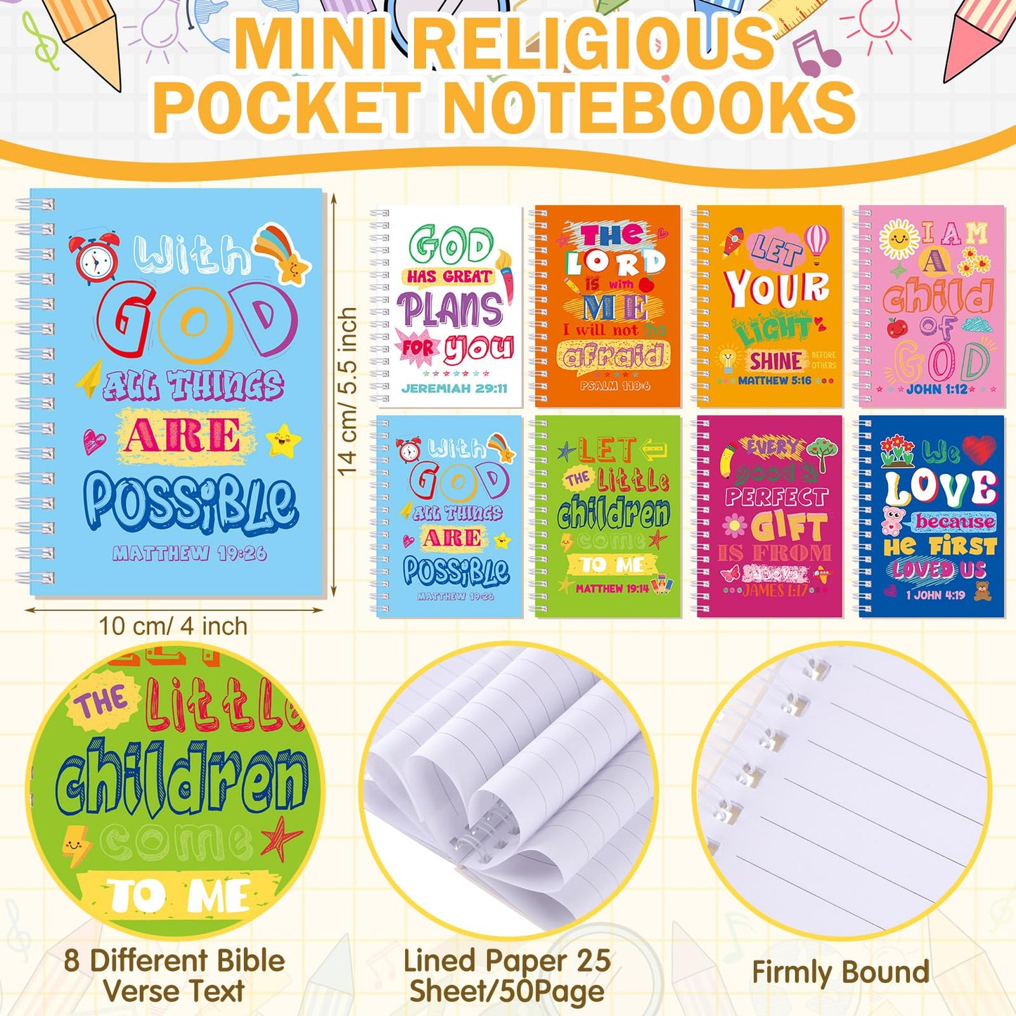 Crtiin 48 Pcs Include 24 Bible Verse Notepad 24 Pencils Kids Christian Church Gifts Students Classroom Award Religious Notebook Bible Pencils Prayer Pocket Sunday School(Classic Style,Eclectic)