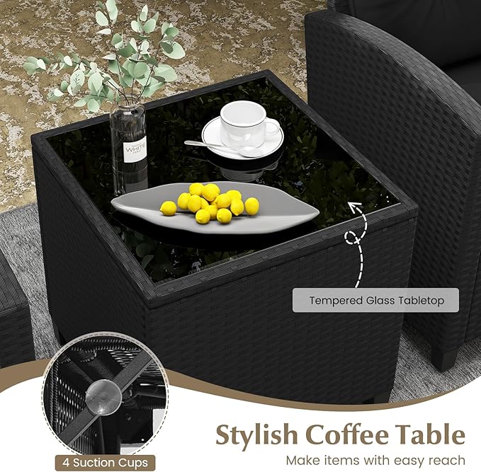 RELAX4LIFE 3-Piece Patio Furniture Set - Wicker Rattan Bistro Sofa Set with Glass Top Coffee Table, Washable Cushions for Porch, Balcony, Backyard, Poolside, Outdoor Conversation Set (Black)