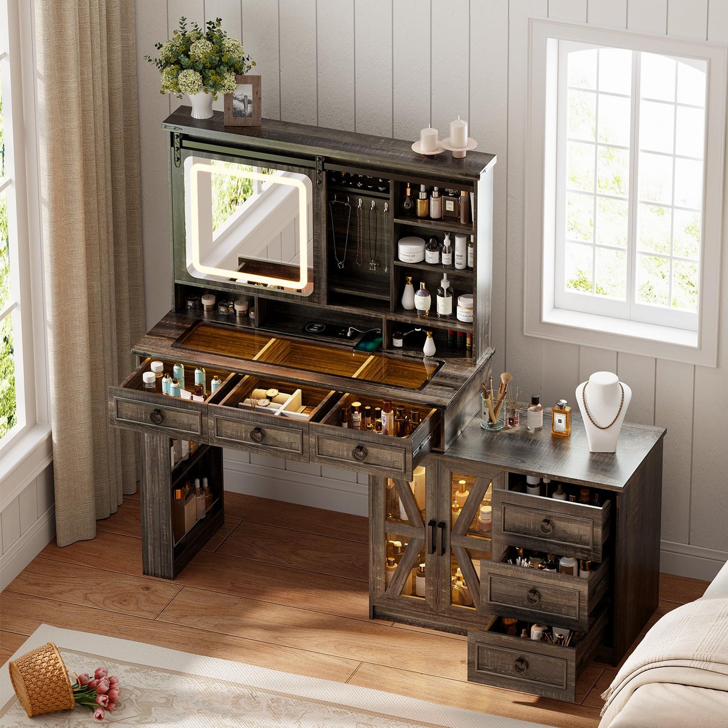 MDGC 60"W Farmhouse Makeup Vanity Desk with Sliding Mirror and Lights, Charging Glass Top Large Vanity Table with Jewelry Storage,Vanity Set with 6 Drawers,10 Shelves,Side Storage Cabinet,Rustic Brown