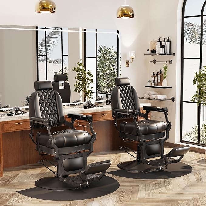 Baasha Retro Reclining Barber Chair, Ergonomic All-Purpose Salon Chair with Thick Cushion & Adjustable Headrest, Heavy-Duty Design, 550 lbs Support