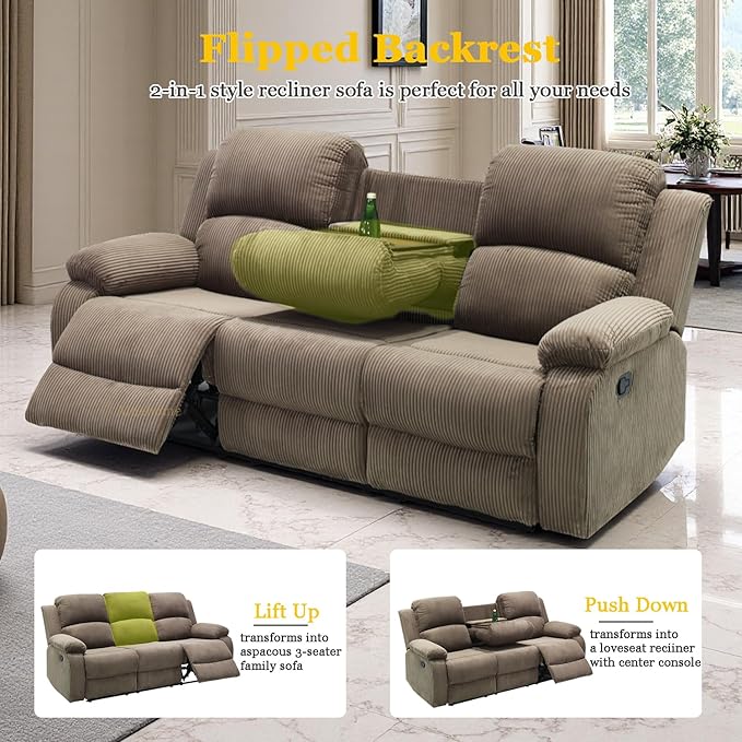 A Ainehome Corduroy Sofa Sets, Living Room Furniture Sets with Storage, Manual Recliner Couches Set, Reclining Sofa Couch and Chair Furniture Set for Living Room/Rv/House/Office, Taupe