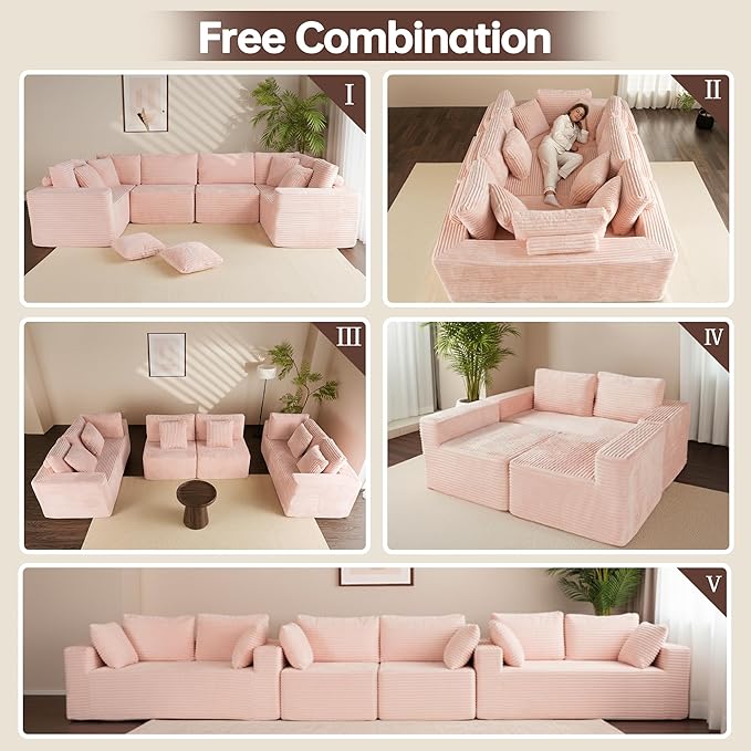 135.5" Cloud Sectional Couch,Boneless Corduroy Sofa for Living Room,Oversized U Shaped Sofa with Chaise,Deep Seat,No Assembly Required,Modular Sectional Sofa（Pink）