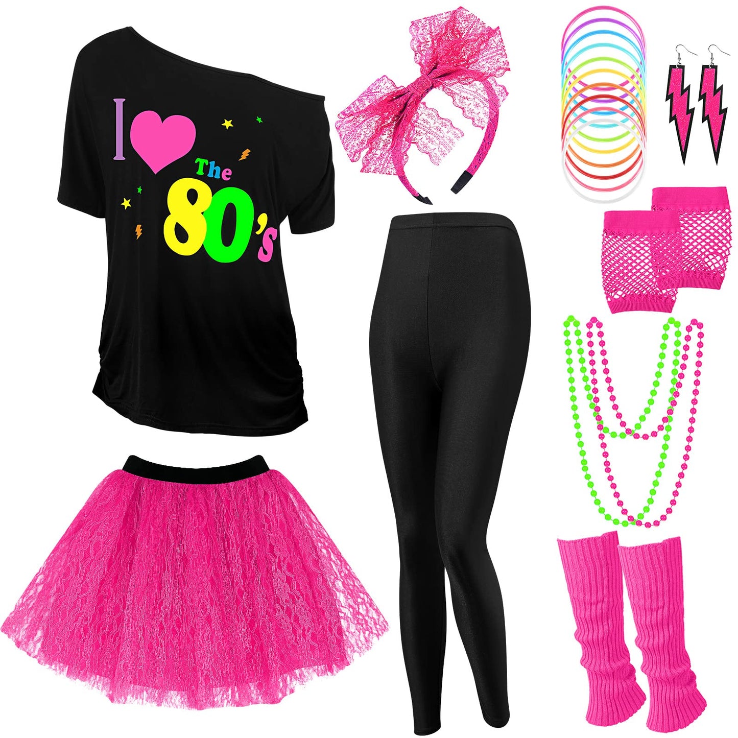 Vabean 19 Pcs 80s Costume Set T Shirt Leggings Tutu Skirt Headband Necklace Bracelets Earrings Gloves Leg Warmers for Women (Black Leggings,3X-Large)