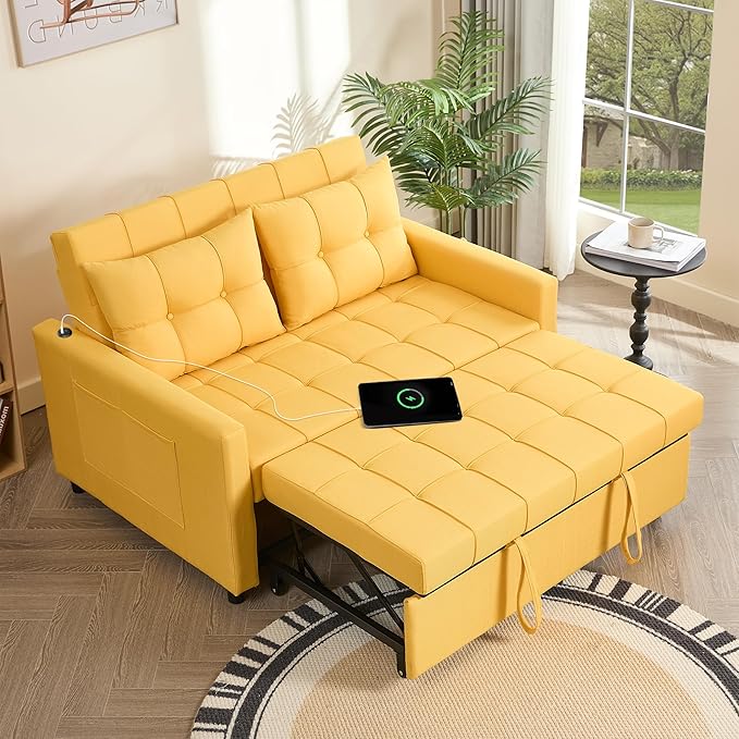 GOSUHI 52" Sleeper Sofa with Pull-Out Bed, 3-in-1 Convertible Sofa Bed, Loveseat with Stepless Adjustable Backrest and Side Pocket, for Living Room Dorm Apartment, Linen, Yellow