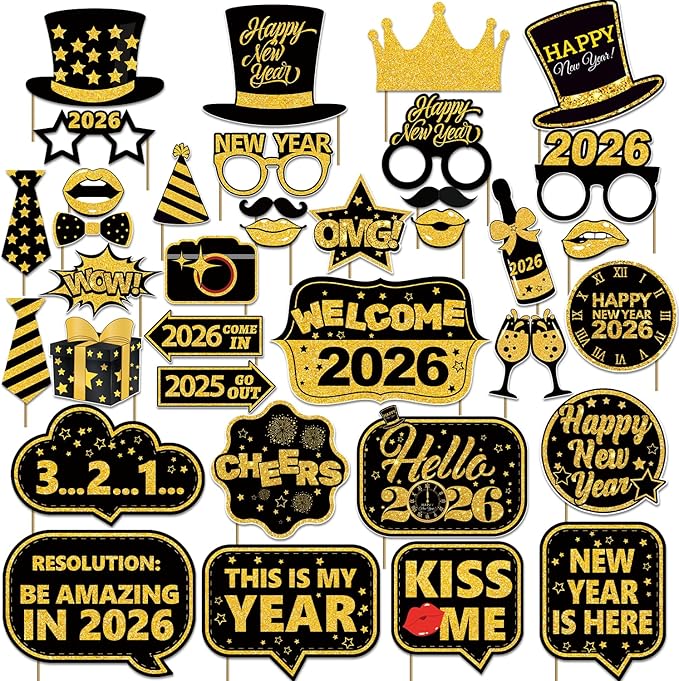 Biswiter 36 Pcs New Years Photo Booth Props, New Years Eve Photo Props 2026, Happy New Year Decorations 2026, New Year Pho...