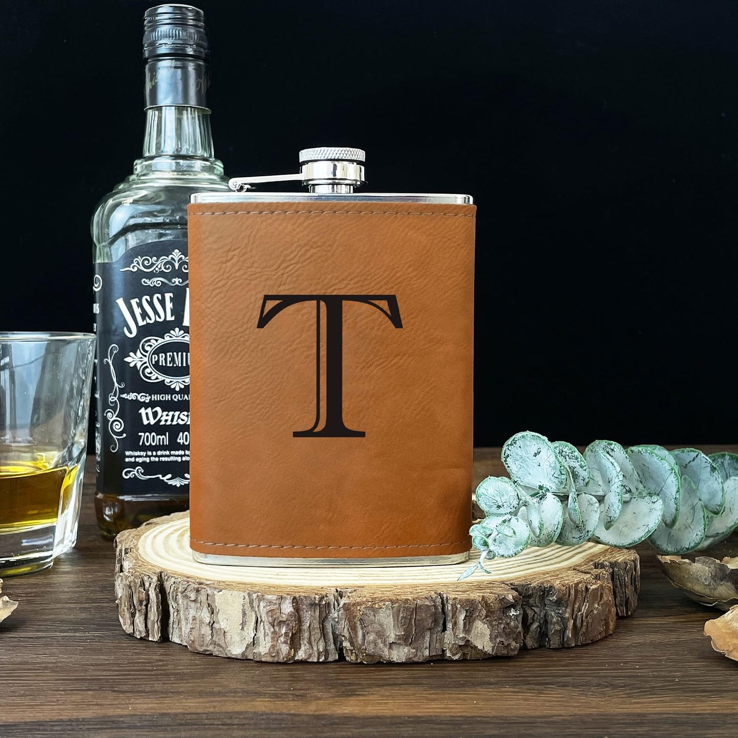 CARAKNOTS Hip Flasks for Liquor for Men Leather Drinking Whiskey Flask with Initials Engraved Stainless Steel with Funnel 8 OZ Personalized Christmas Birthday Gifts for Dad Him Letter T
