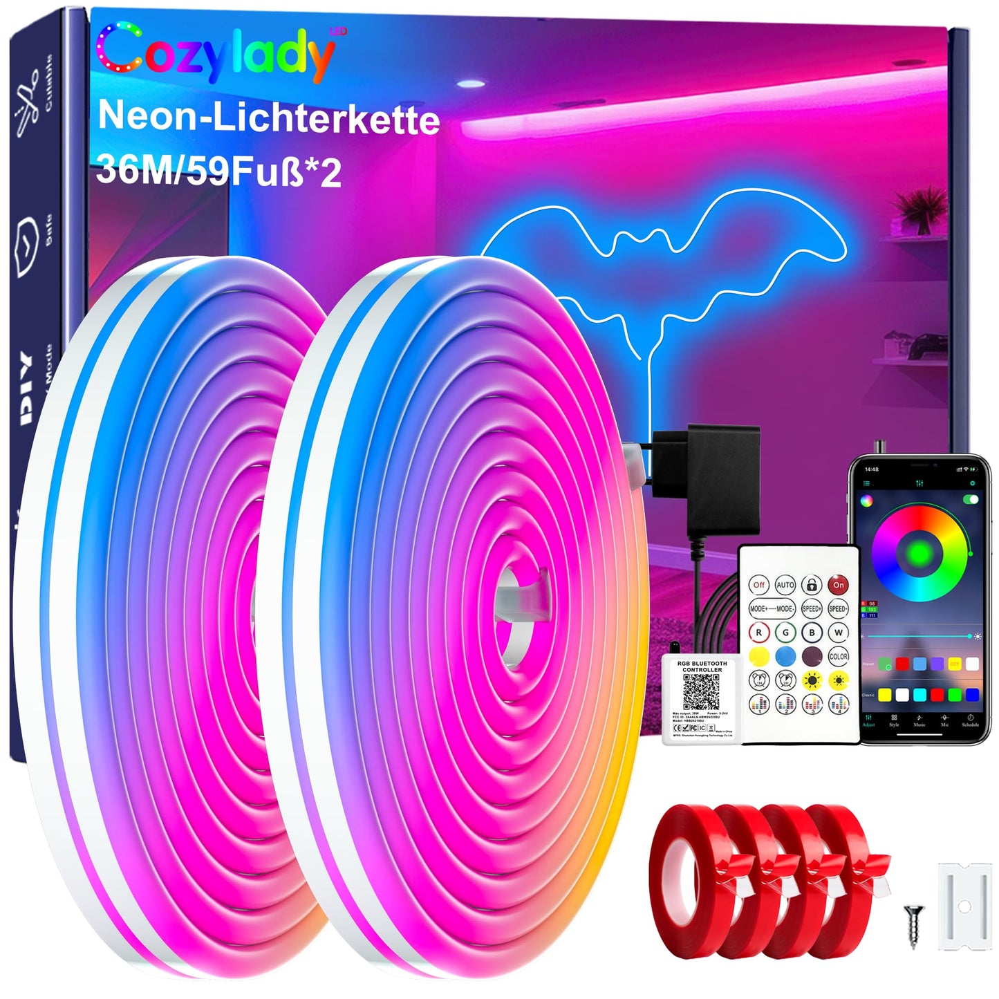 Cozylady 100Ft (50Ft * 2 Rolls) RGB LED Neon Rope Lights for Bedroom, 30m LED Strip Lamp with Double Sided Adhesive Tape, App/Remote Control DIY Lights Decorate The Outdoor and Indoor of Your Home