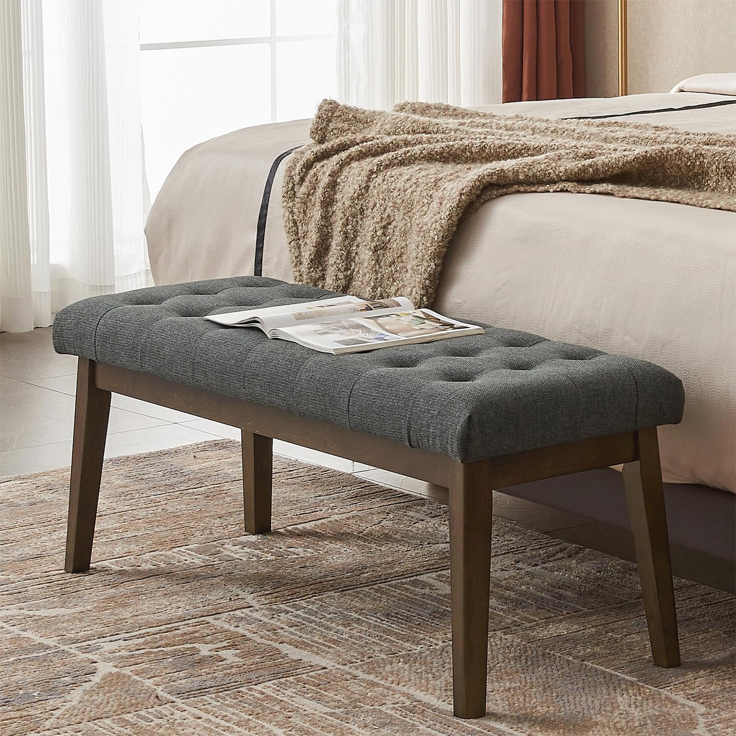 Befurtori End of Bed Bedroom Bench, Linen Upholstered Tufted Bench for Bedroom End of Bed with Solid Wood Legs for Bedroom Living Room Entryway(Dark Gray)