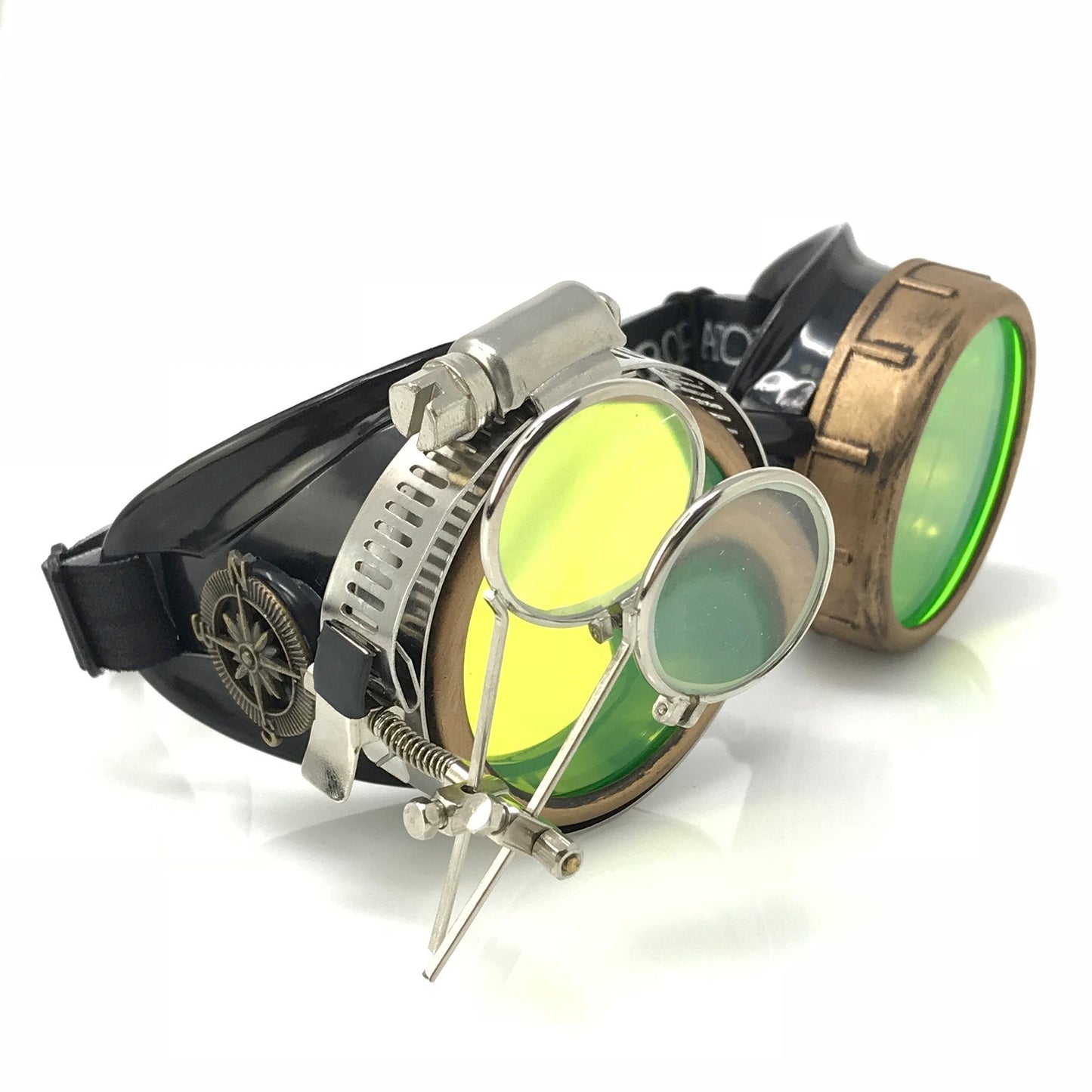 UMBRELLALABORATORY Steampunk Victorian Style Goggles with Compass Design, Neon Green Lenses & Ocular Loupe