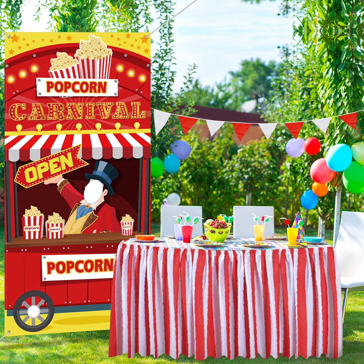 Carnival Circus Theme Party Decorations Carnival Popcorn Sign Large Photo Door Banner Ticket Booth Backdrop Props Hanging for Kids Birthday Carnival Game Supplies Popcorn Circus Party Decorations