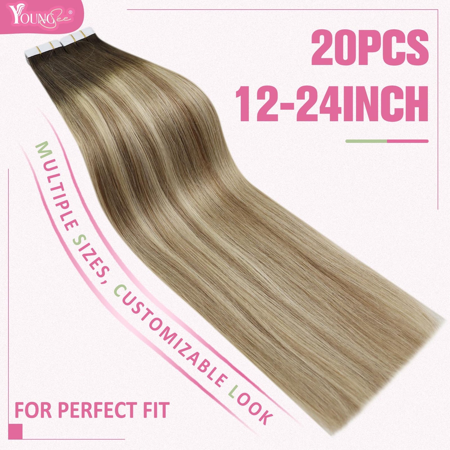 YoungSee Tape in Extensions Human Hair Balayage Brown Tape in Hair Extension Real Human Hair Brown Ombre Blonde Tape in Human Ha