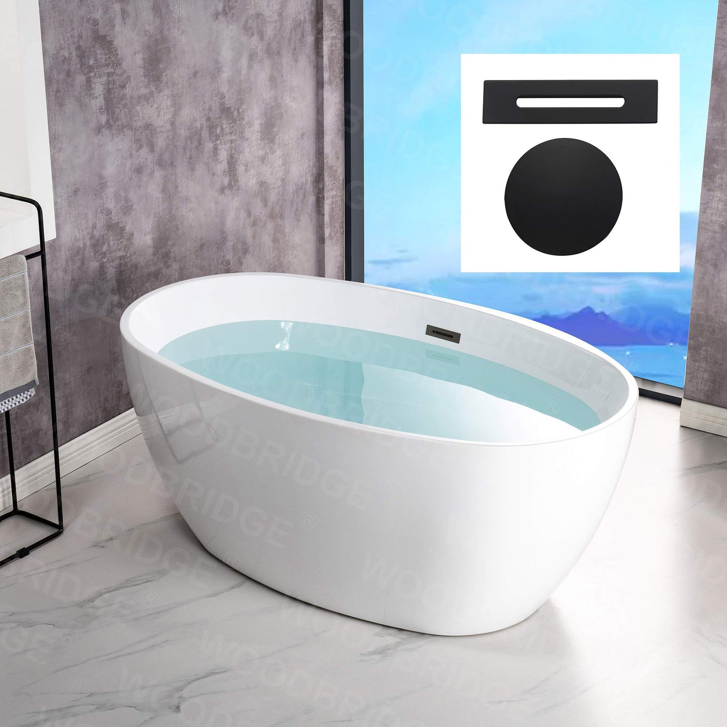 WOODBRIDGE 55" Acrylic Freestanding Bathtub Contemporary Soaking White Tub with Matte Black Overflow and Drain,B1418 -MB-Drain &O