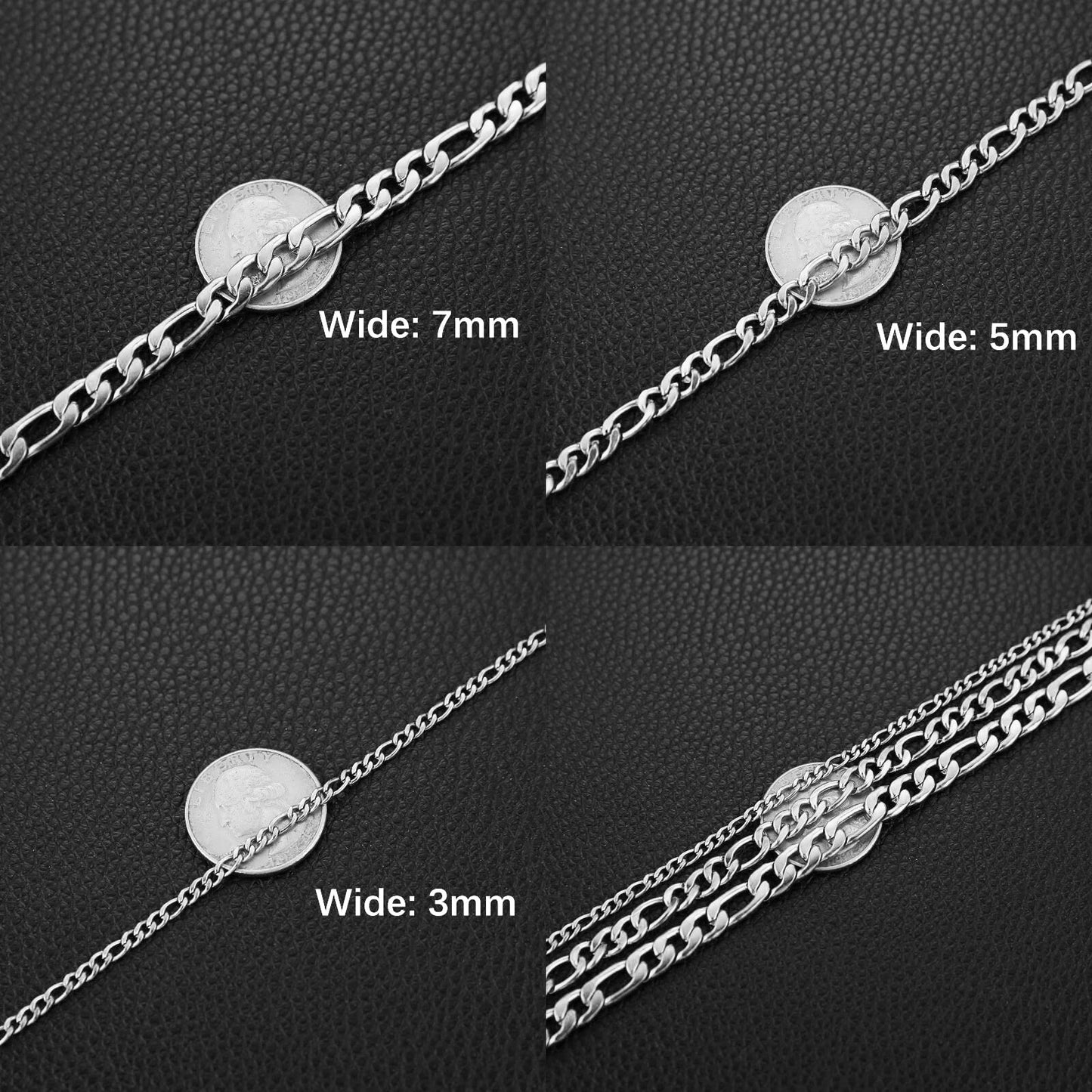 HZMAN Men Women 24k Real Gold Plated Figaro Chain Stainless Steel Necklace, Wide 3mm 5mm 7mm 9mm (20inches)