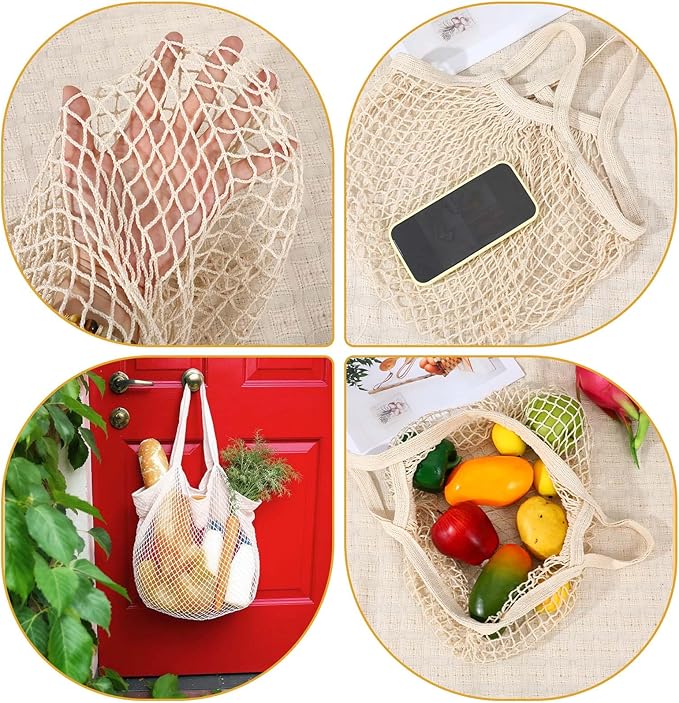 10 Pieces Reusable Mesh Grocery Bags Portable Cotton Produce Containers Washable Net Mesh Reusable Tote Bag with Handle String Shopping Organizer for Fruit Vegetable Shopping Storage Market