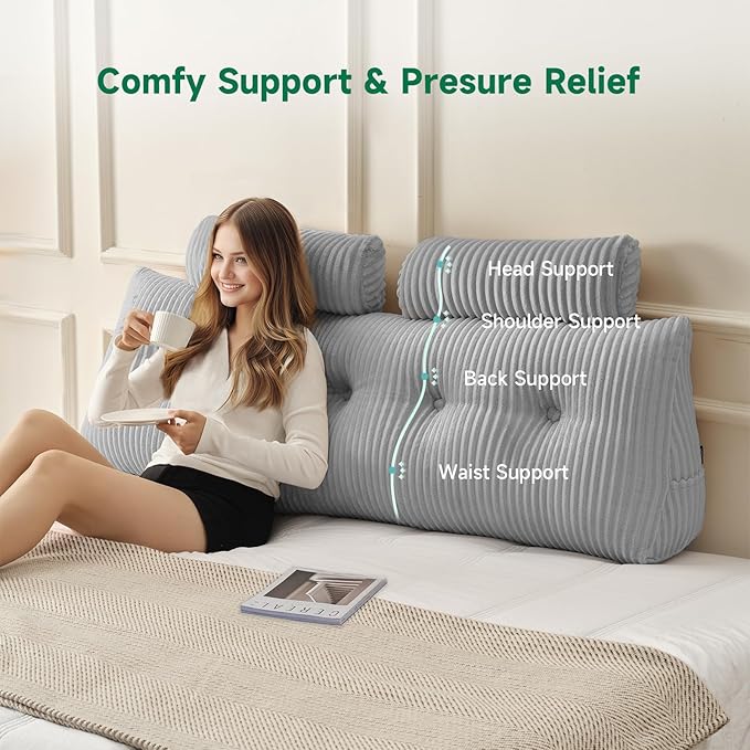 Z-hom Large Wedge Pillow Headboard, Twin Triangular Headboard Pillow, Reading Pillow Bed with a Roll Pillow for Bed Sitting Up Sleeping, Backrest Cushion Headboard Gap Pillow for Back, Light Gray