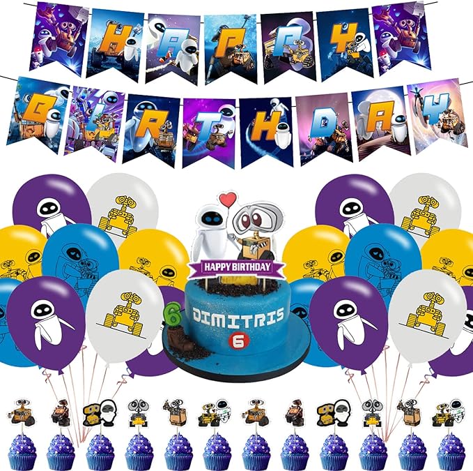 Walle Science Fiction Party Supplies with Happy Birthday Banner, Cupcake Cake Toppers, Balloons for Fans Birthday Party Ba...