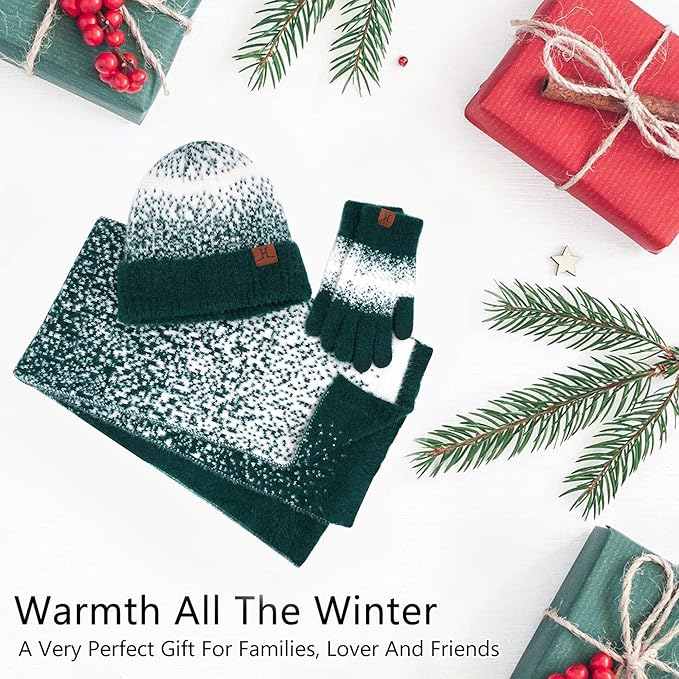 Womens Winter Knit Beanie Hats and Touchscreen Gloves Long Scarf Set with Warm Fleece Lined Skull Caps Scarves for Women