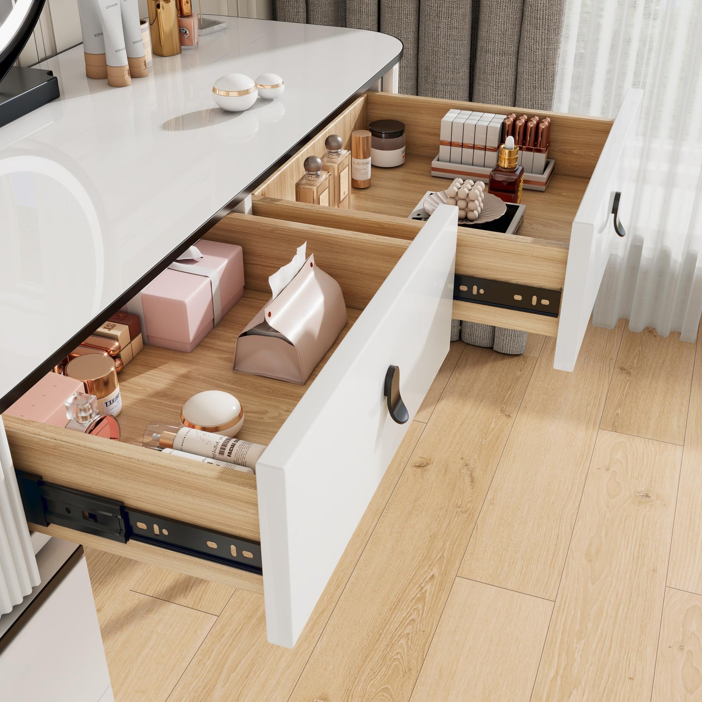KDCAS Modern Vanity Desk with Mirror and Led Lights, Small Retractable Makeup Combo with Adjustable Cabinet, Dressing Table Set with 5 Drawers Storage for Bedroom, White