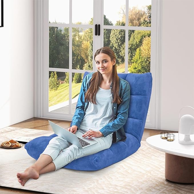 Folding Floor Chair w/Back Support, 14-Position Adjustable Lazy Sofa Chair w/Coral Velvet Fabric & Alloy Steel Frame, Portable Meditation Chair for Reading, Gaming,Sleeping (Blue)