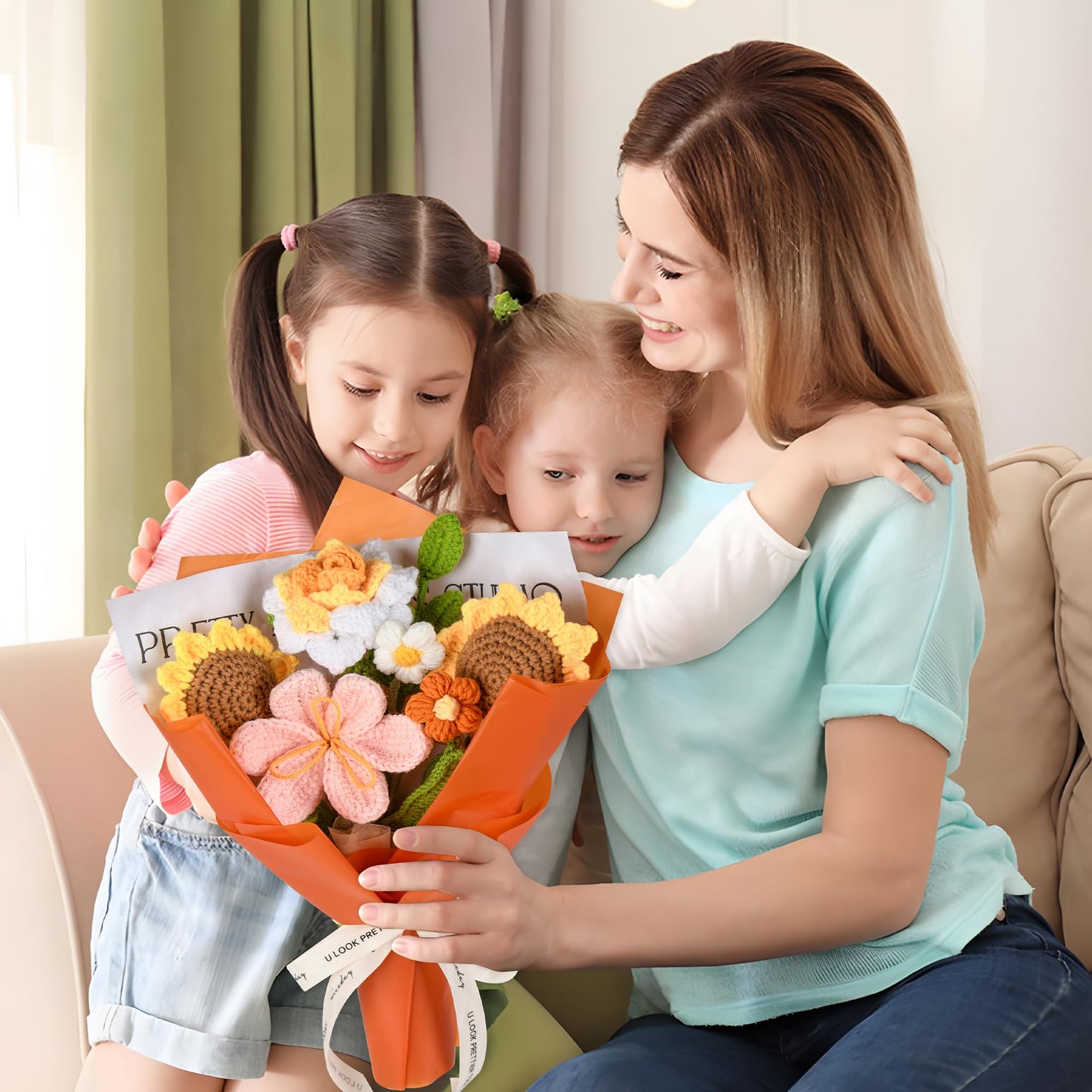 Gouraml Crochet Flower Bouquet Handmade Crochet Flowers Gifts, Crochet Tulips Sunflowers Roses 7Pcs for Mothers Day Weddings Birthdays Home Decor Ideal for Women Moms Wife Friends(Orange)