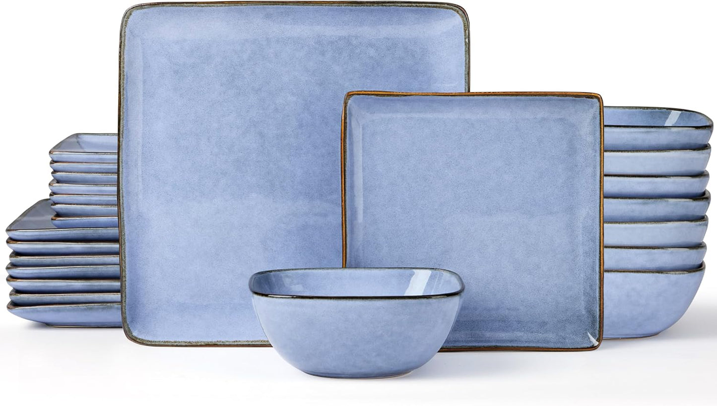 E-far Square Dinnerware Sets for 8, 24-Piece Stoneware Plates and Bowls Dishes Set, Reactive Glaze Porcelain Dishware Sets, Chip & Scratch Resistant, Microwave & Dishwasher Safe, Ocean Blue