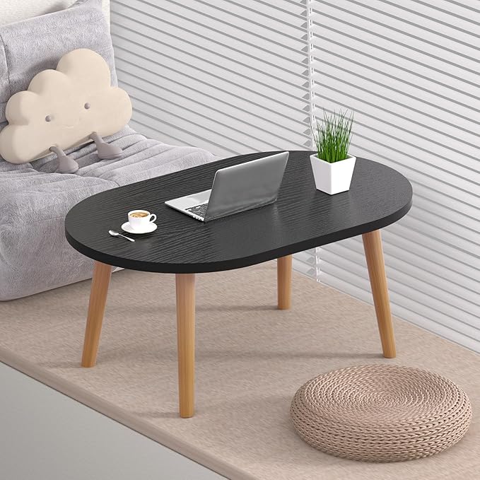 Small Coffee Table for Small Space, Low Table, Floor Table Desk for Sitting on The Floor, Japanese Coffee Table for Living Room, Tatami Tea Tables with Solid Wood Legs, Oval Coffee Tables, Black