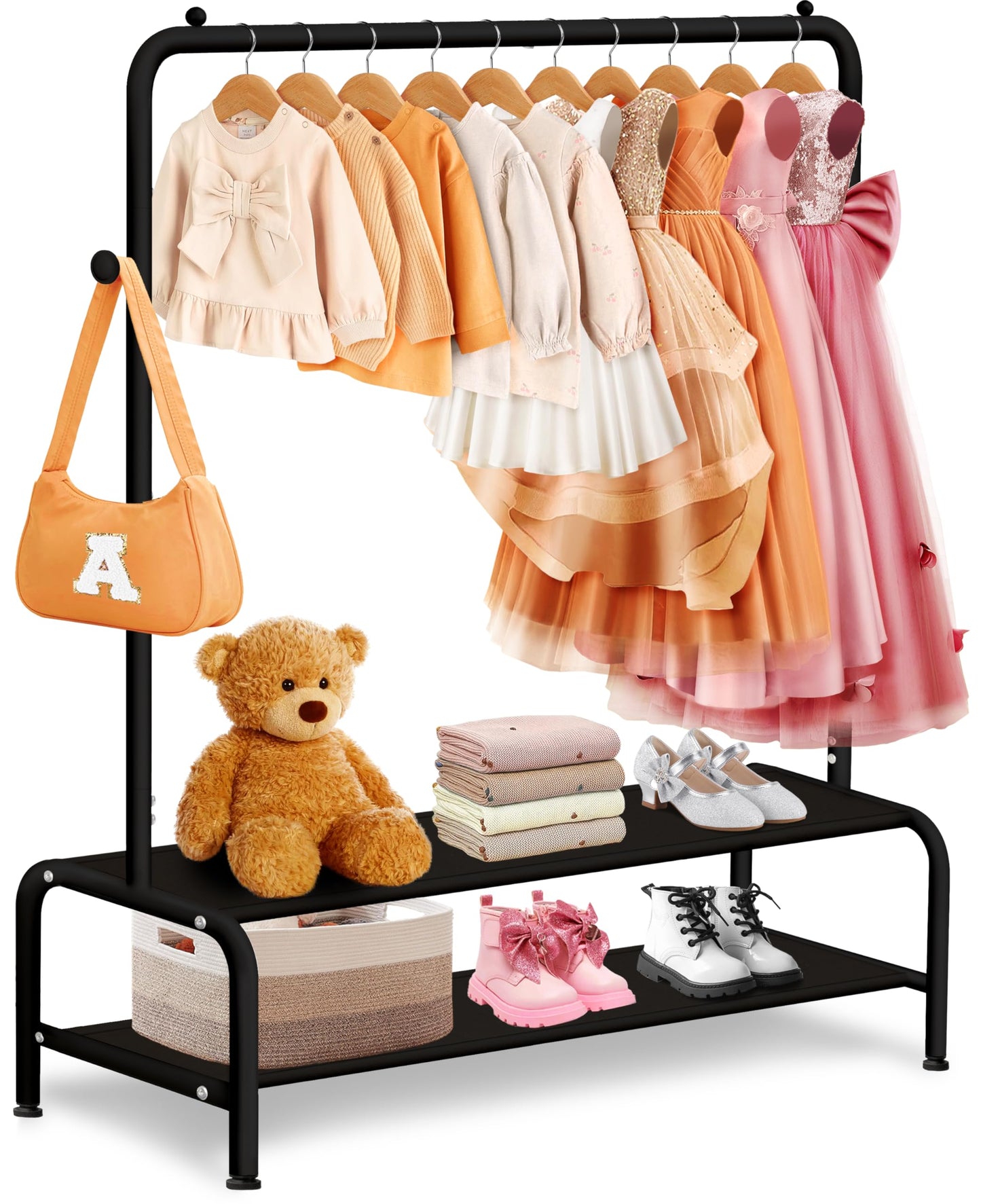 mirolam Kids Clothing Rack - Small Garment Rack - Small Kids Costume Wardrobe Rack with 2 Fabric Floors Storage Shelf - Mini Short Baby Toddler Clothes Rack