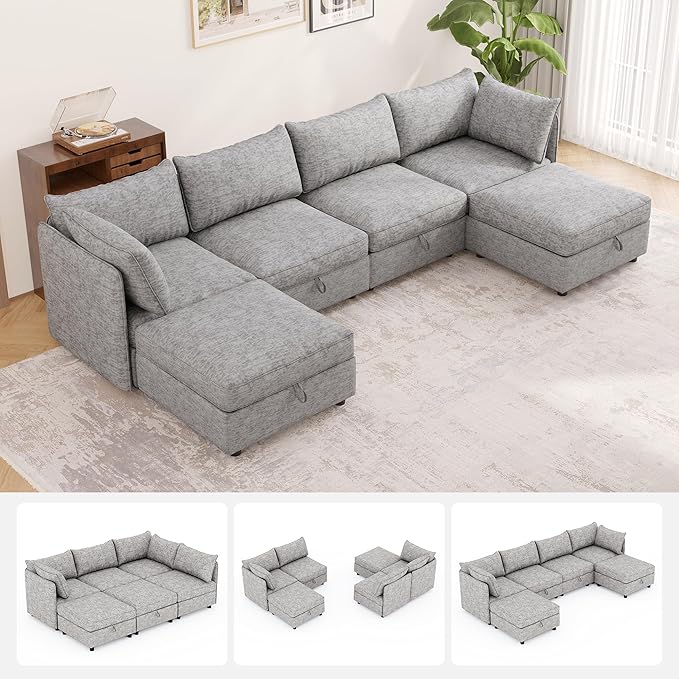Oversized Modular 6 Seater Sofa with Removable Covers and Storage, Convertible U, L-Shaped and Sleeper Sectional, Modern Sectional Couch with Ottoman Chaise for Living Room, Bedroom, Apartment, Gray