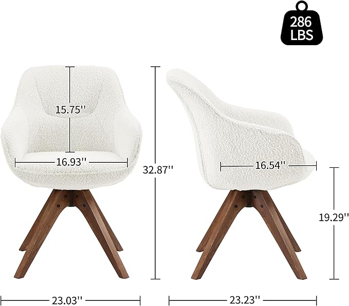 Art Leon Dining Chair, Mid Century Modern Boucle Fabric Upholstered Swivel Dining Room Chair with Oak Wood Legs, Leisure Side Chair with Arms for Living Room, White