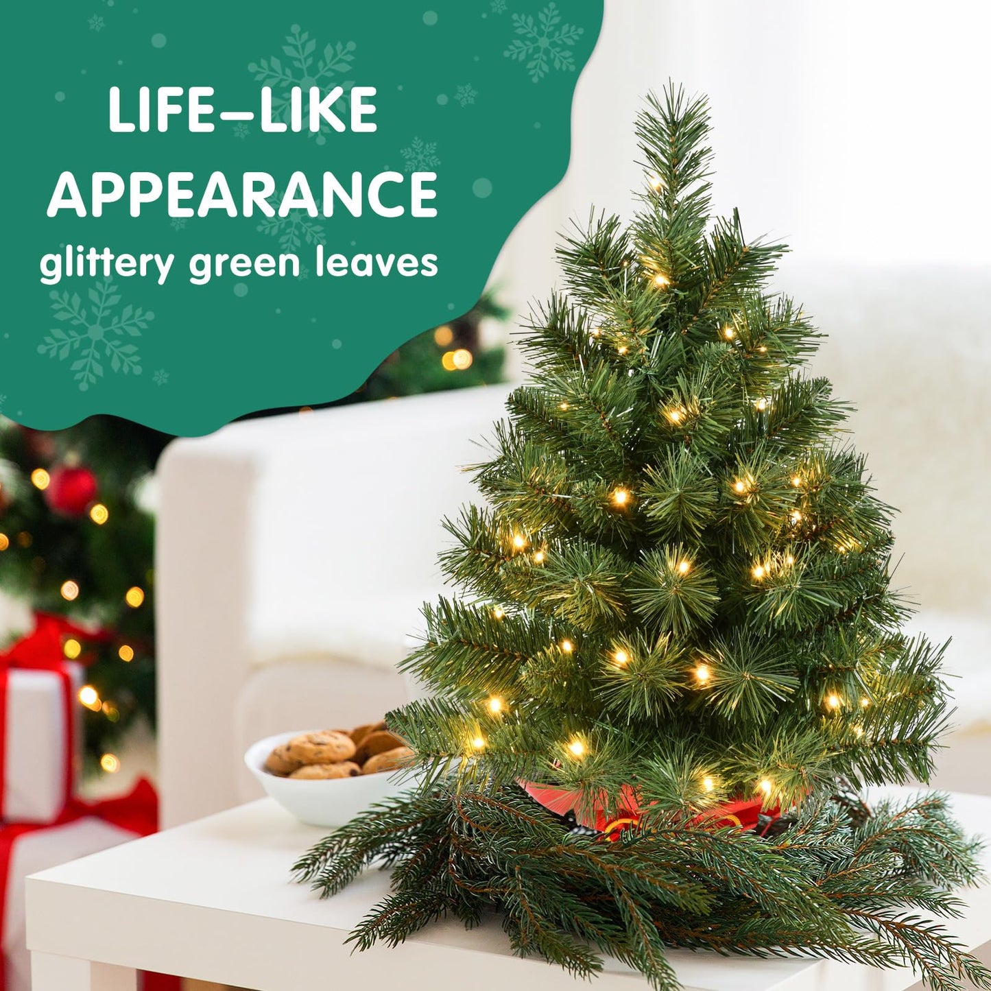 Pre-lit Mini Christmas Tree, Leeheeyee Artificial 2ft Tabletop Christmas Tree with 50 LED Lights, Battery Operated Small Xmas Tree with Burlap Base for Table Desk Home Christmas Decor