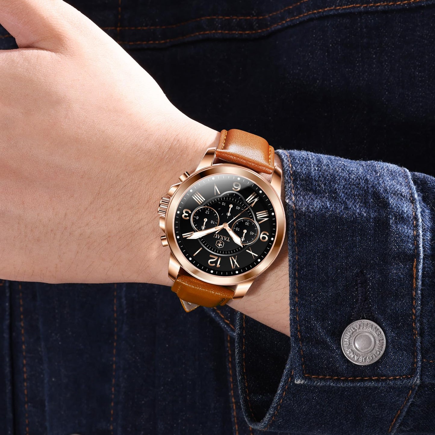 Taxau Mens Watches Waterproof Leather Watches for Men Classic Chronograph Men's Dress Watch Casual Business Analog Quartz Mens Wrist Watch Brown Band with Date Luminous