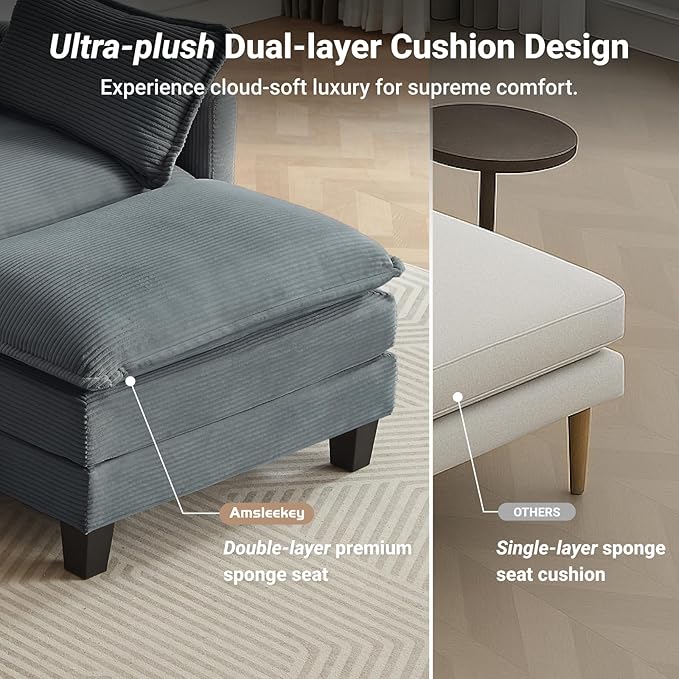 Amsleekey Modular Sectional Sofa, 76.5" L-Shaped Corduroy Comfy Sectional Couches for Living Room, 2-Seater Cloud Couches with 1 Movable Ottoman, Flexible Combination Modern Deep Seat Sofa (Grey)