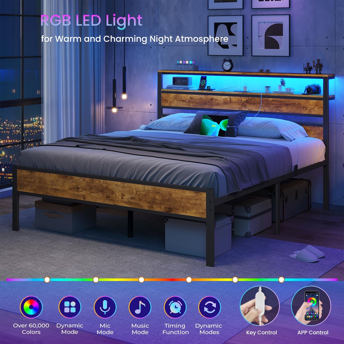 DICTAC 18 Inch Full Bed Frames with Charging Station and LED Light, Wood Headboard with 2-Tier Storage Shelves, Full Size Platform Bed Frame with Metal Slats, No Box Spring Need, Easy Assembly