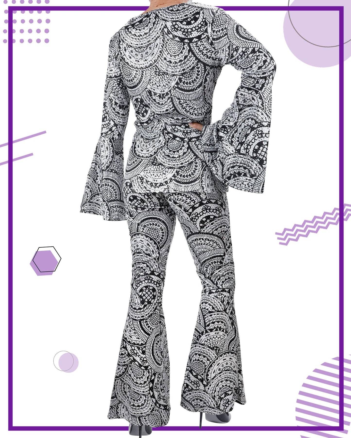 Jexine 7 Pcs 60s 70s Disco Outfits for Women Disco Party Costume Set Top Pants Sunglasses Ball Necklace Earring Wig Halloween(Small,Classic Style)