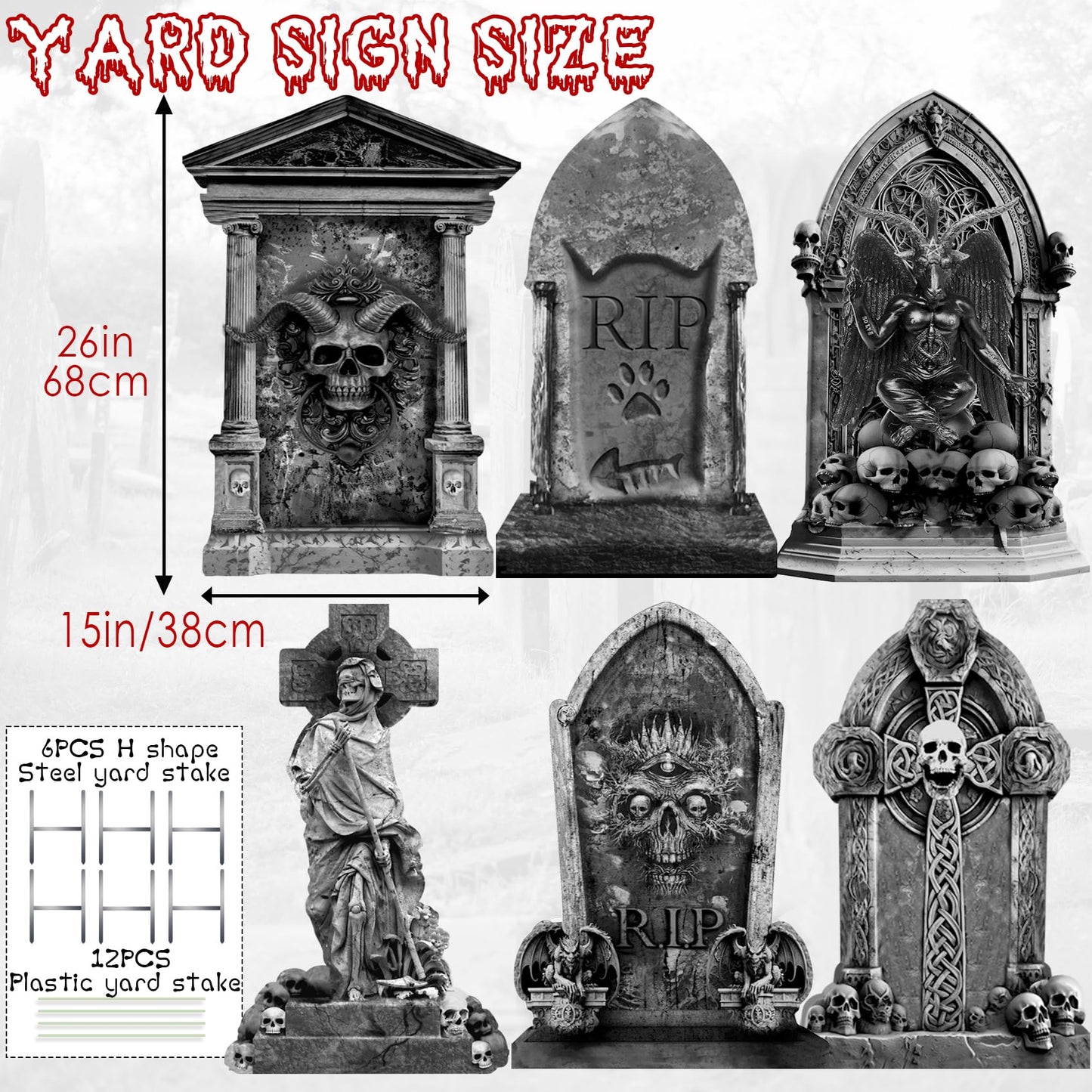 ontigola 26 Inch Halloween Graveyard Tombstones Yard Stakes Signs Large 6 Styles Outdoor Headstones for Cemetery Halloween RIP Graveyard Tombstones Outdoor Props Yard Decorations with Metal Stakes