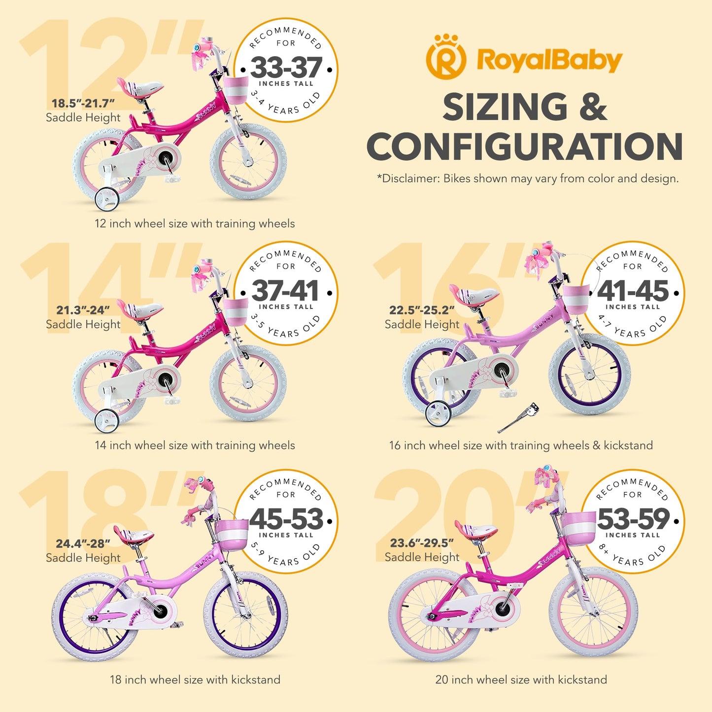 RoyalBaby Princess Girl Children's Bicycle Outdoor Ride-On Bike with Training Wheels, Adjustable Seat, and Basket, 12 Inch, Bunny/Fuchia
