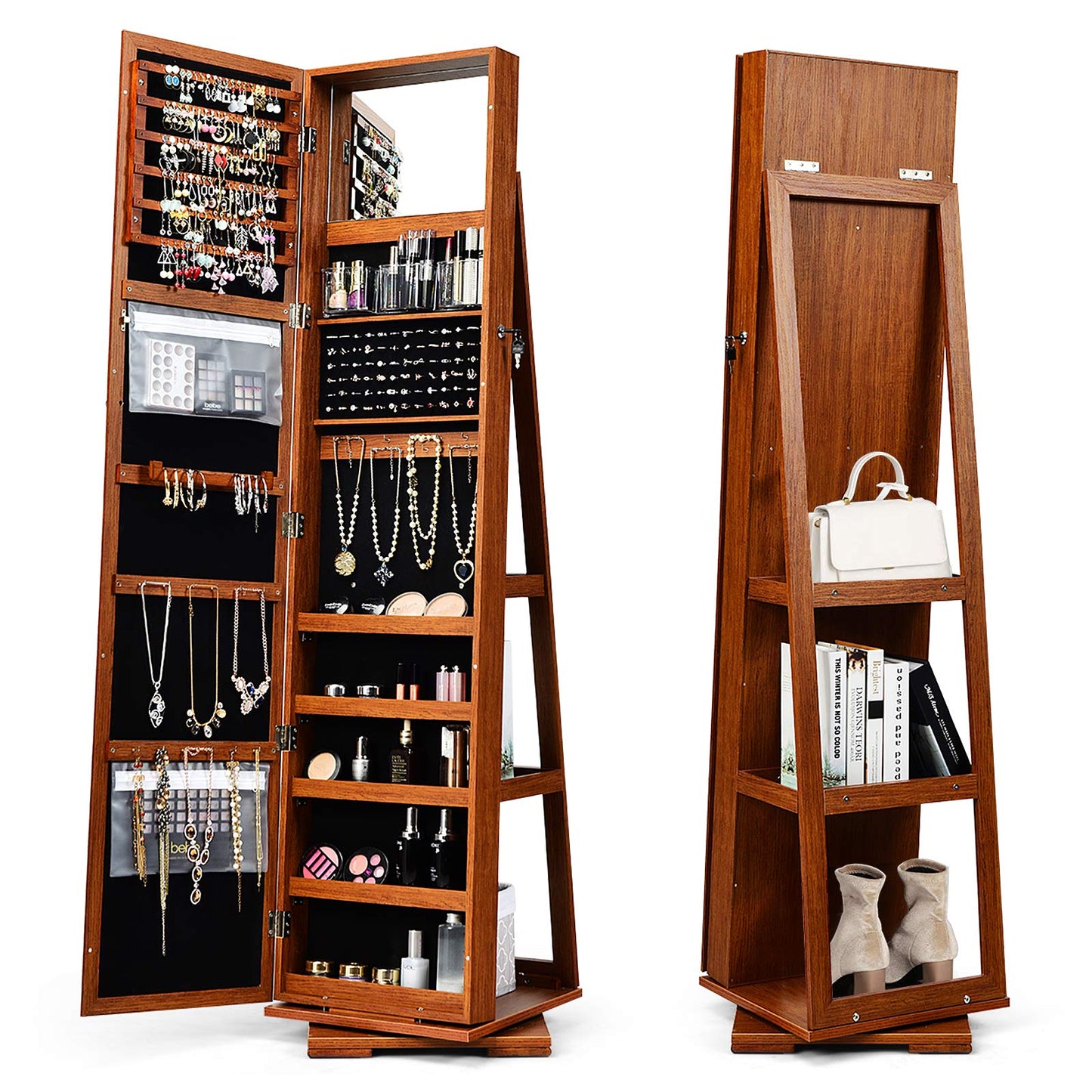 squareful OFFICEJOY 360°Rotating Jewelry Armoire w/Full Length Mirror, Inside Makeup Mirror, Lockable Standing Jewelry Cabinet, Mirrored Jewelry Cabinet Organizer for Rings Earrings Cosmetic (Brown)