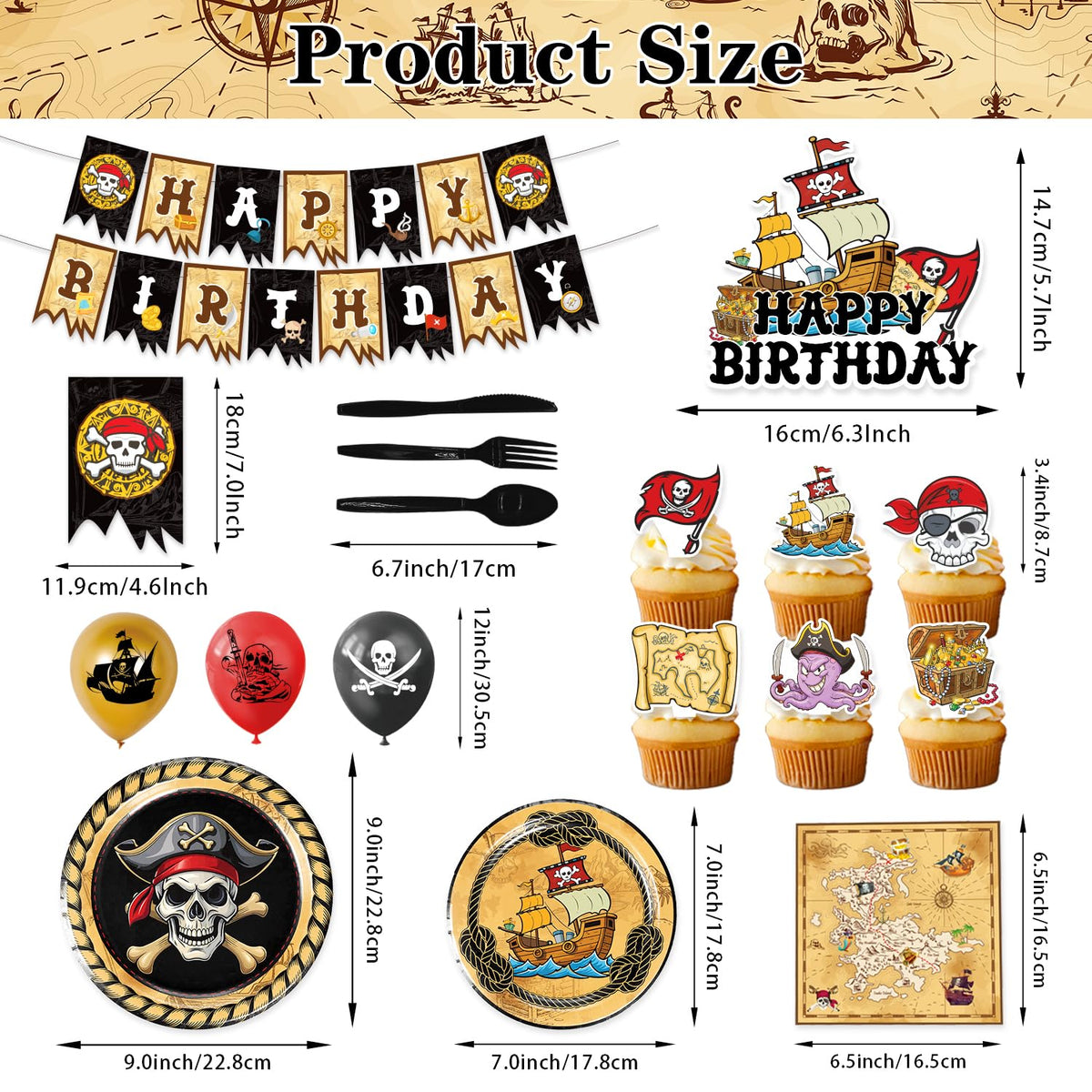 Heidaman 120Pcs Pirate Party Decorations，Pirate Birthday Decorations,Pirate Themed Party Decorations,Set Include：Balloons,Backdrop,Banner, Cake Toppers，Plates And Napkins，Tableware, Tablecloth