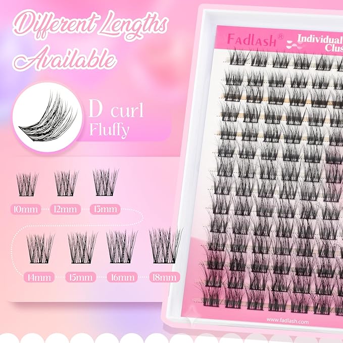 FADLASH Lash Extension Kit, FADLASH DIY Individual Lashes Clusters Kit with 3D Lash Clusters Lash Bond and Seal and Lash Tweezers for DIY Eyelash Extension Easy to Apply at Home(R02-07-D-10-18MIX）