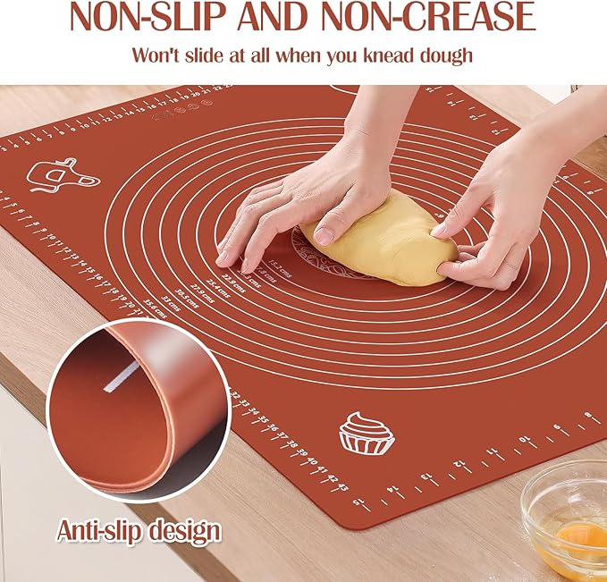 6PCS Silicone Baking Mat Set, Pastry Mat with Measurements Wooden Rolling Pin/Knife/Fork/Spoon/Scraper, Pasta Cutter,Non-slip Silicone Mat, Non-Stick Dough Mat for Counter,Kneading Mat Set,28''*20''