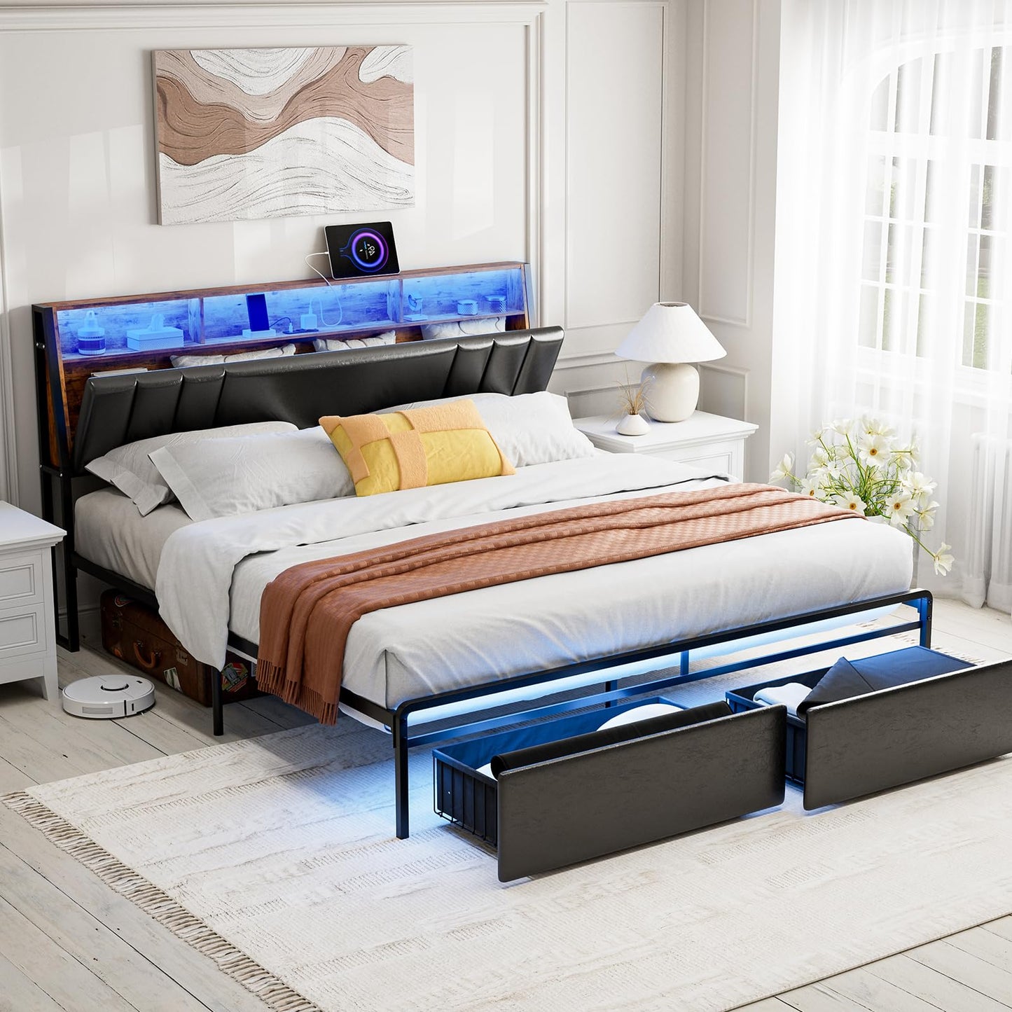 AOVSA California King Bed Frames with Ergonomic Hidden Storage headboard & Dustproof Drawers, Upholstered Cal King Platform Bed with LED Lights and Charging Station, No Box Spring Needed, Black