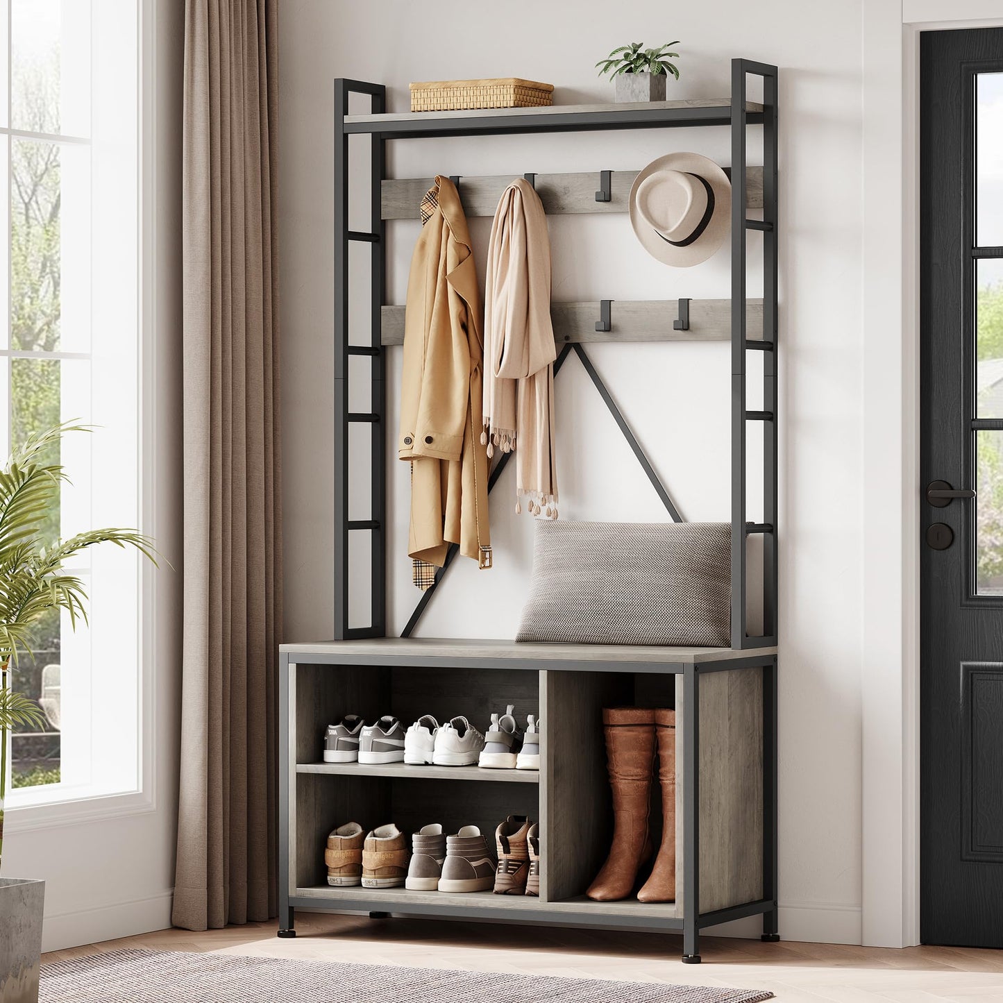 IDEALHOUSE Hall Tree with Bench Coat Rack Shoe Bench Industrial Coat Tree with Storage Cubbies Entryway Coat Rack with Shoe Storage