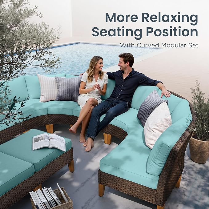 PHI VILLA 8-Piece Half-Moon Patio Furniture Set, Outdoor Wicker Sectional Sofa with Thick Aqua Blue Cushions, 2 Ottomans, Large Curved Conversation Seating for Garden or Backyard