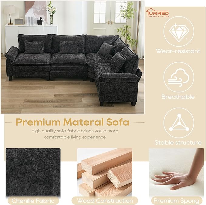 URRED Cloud Couch Modular Sectional Sofa, 116" Modern L Shaped Deep Seat Sofa with Pillows, Ultra Comfy Chenille Corner Couches for Living Room, Bedroom or Apartment, Black