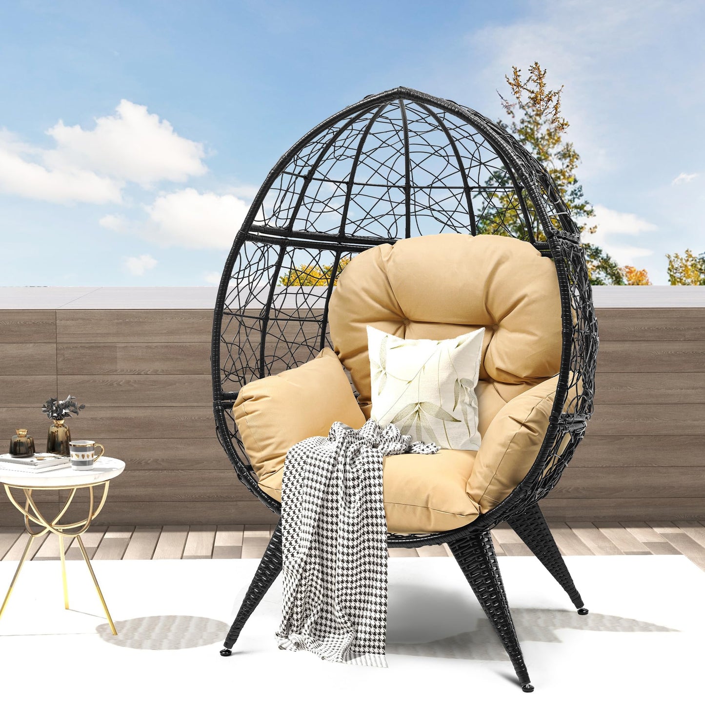 DWVO Egg Chair Patio Rattan Chair with Stand Anti-Slip All-Weather Poratble Adjustable Chair Feet Wicker Egg Lounger Chair for Indoor Outdoor 330LBS (Beige)