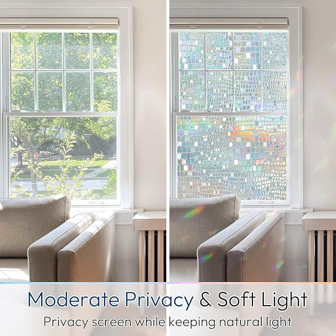 rabbitgoo Window Privacy Film Rainbow Window Film, Mosaic Decorative Stained Glass Cling, Removable Static Cling Tint UV Blocking, Non-Adhesive Privacy Covering, 23.6 x 157.4 inches