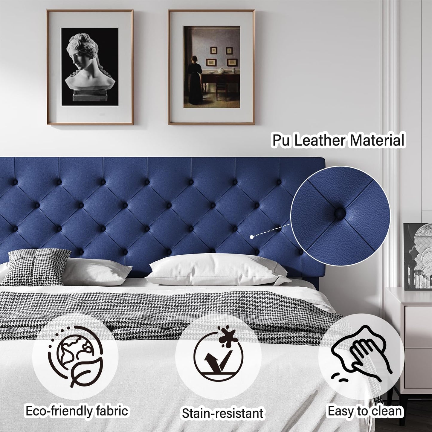 REVOMINCA Upholstered Queen Size Bed Frame with Headboard, Platform Bed with Button Tufted Desigh, No Box Spring Required, Easy Assembly, Navy Blue