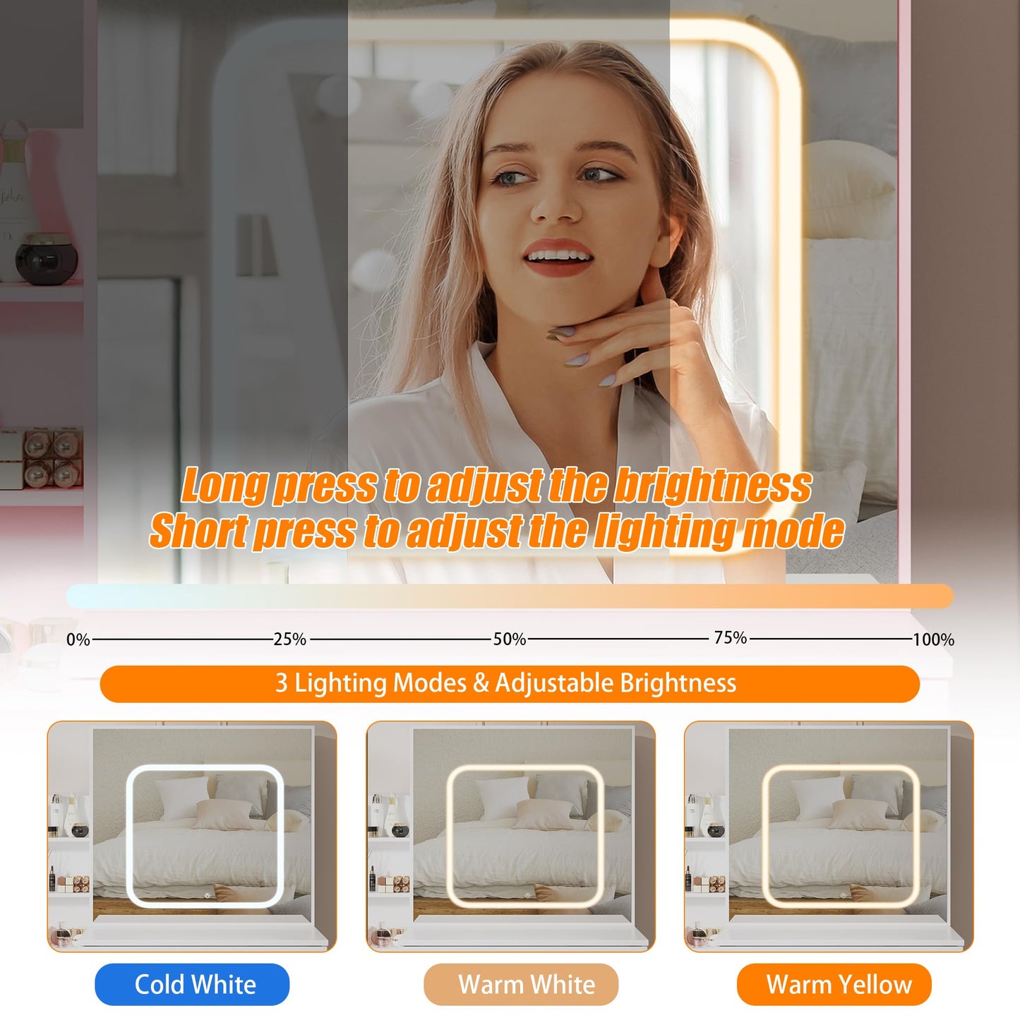 Vanity Desk with Sliding Mirror and Lights, Makeup Vanity Set with 4 Drawers, Stool, Power Outlet, Open Shelves, 3 Color Adjustable Lighting Modes, Makeup Dressing Table for Bedroom, Pink