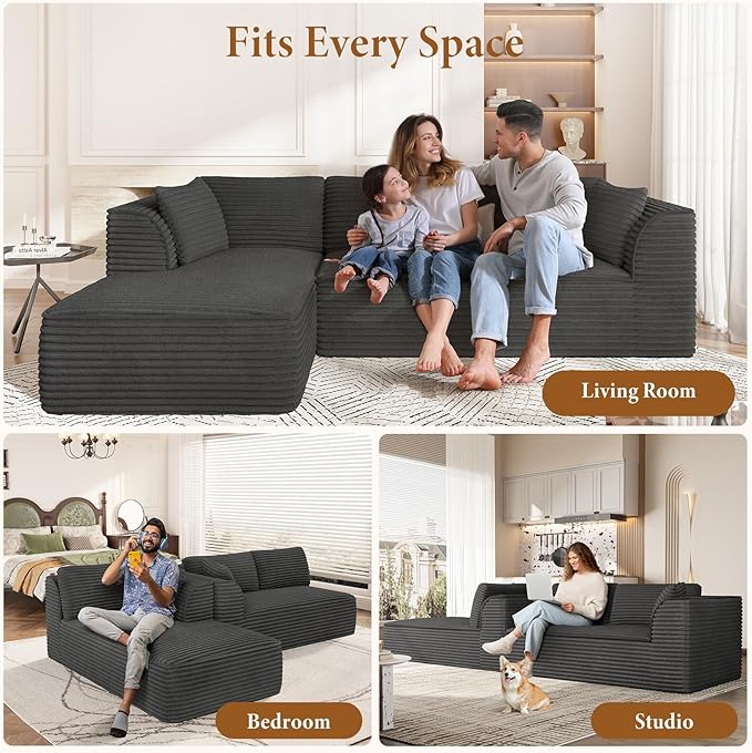 Vesgantti 106" Boneless Couches for Living Room, Deep Seat Cloud Sofa Sectional with Chaise, Corduroy Memory Foam Modular Couch Set, No Assembly Required (Dark Grey, Left-Facing Chaise)